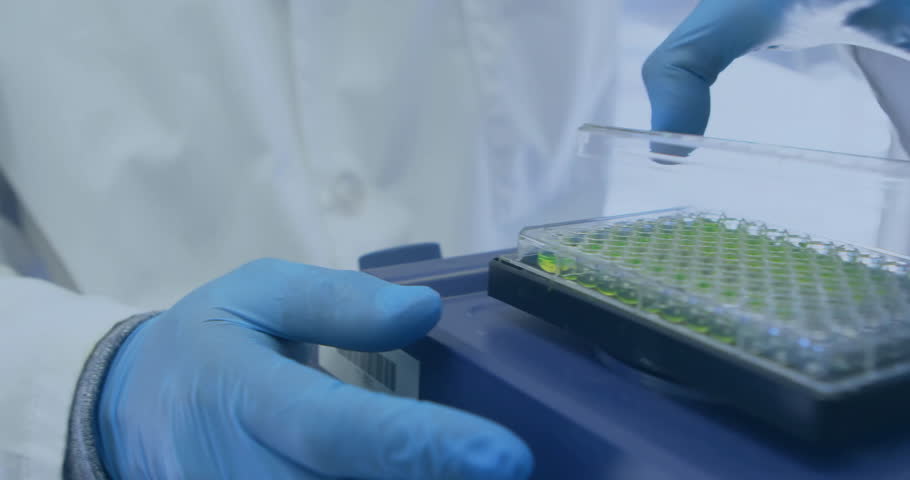 Technician wearing blue gloves placing glass slide in science lab with swirling digital particles. Scientific, innovation, precision, modern, research, technology, analytical