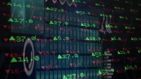 Floating green red numeric values moving across dark interface, showing up down arrows, bars. Data visualization, finance, technology, dashboard, analytics, holographic, digital interface - Powered by Shutterstock - Get 15% off with code: PIKWIZARD15