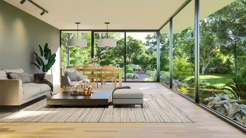 Animation of modern style living and dining room with large window overlooking tropical green nature garden background 3d render
