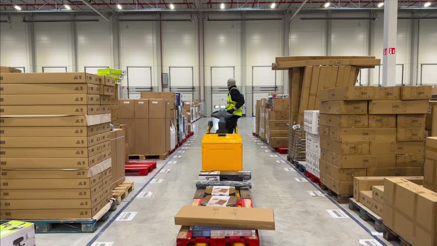 Forklift driver loads a truck trailer inside a warehouse. Logistics and freight handling in a professional industrial environment with safety gear