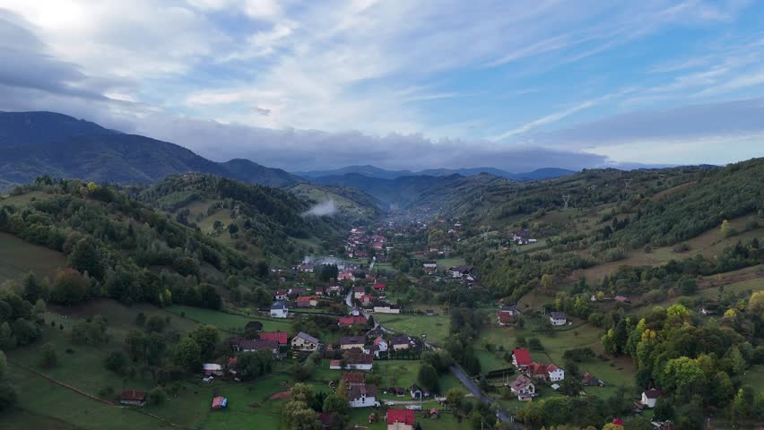 Drone Footage of Mountain Village in Romania – Scenic Landscape and Countryside Views