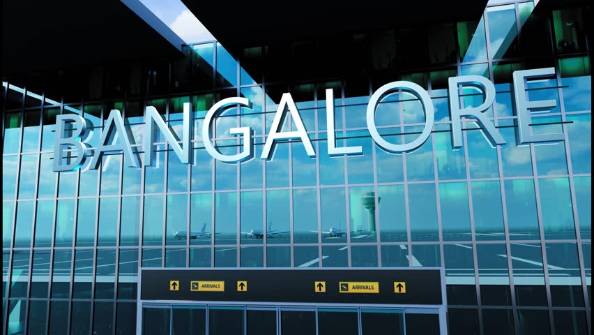 Airlane landing at Bangalore. Arrival in the city with reflection of airport and aircraft