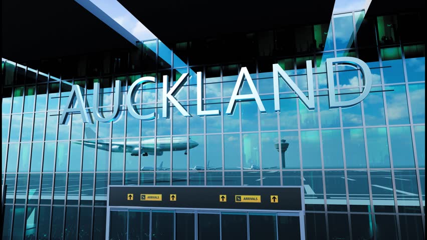 Airlane landing at Auckland. Arrival in the city with reflection of airport and aircraft