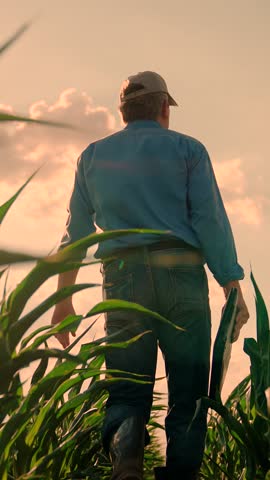Farmer man walk with laptop through corn sprouts field. Businessman Farmer go through plantation of corn sprouts. Farmer work in agricultural corn field. Agricultural business. Man works on plantation