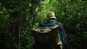 A person wearing trekking gear ventures through a lush and vibrant natural jungle path surrounded by dense greenery. A traveler walks in the forest thicket - Powered by Shutterstock - Get 15% off with code: PIKWIZARD15