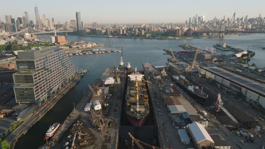 Aerial view of the Brooklyn Navy Yard. Shot at sunrise in New York City.