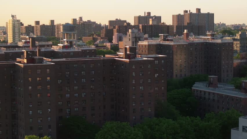 Aerial view of a Brooklyn public housing project. Shot at sunrise on a spring morning.