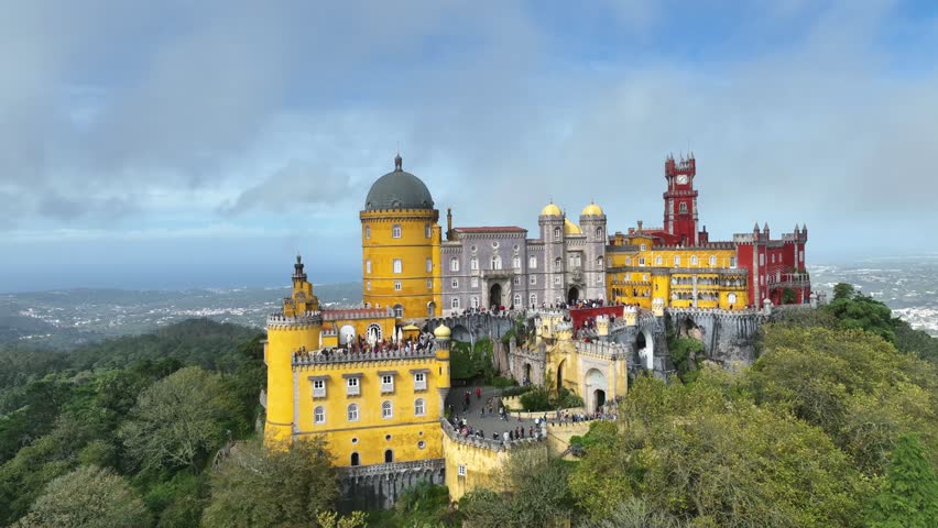 Palace of Pena in Sintra. Lisbon, Portugal. Part of cultural site of Sintra City. Drone Point of View. 4k.