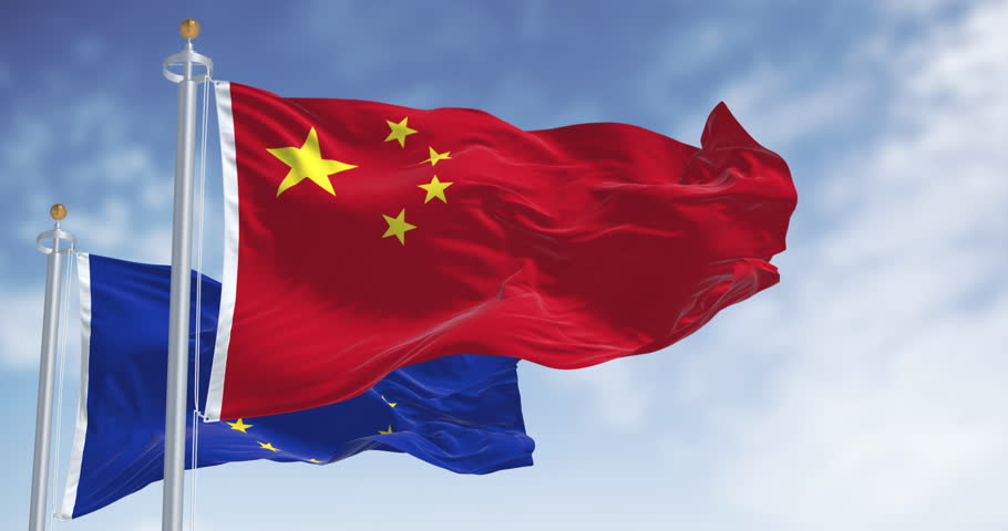 Flags of China and European Union waving in the wind on a clear day. International relations. Seamless 3d render animation. Slow motion loop. Selective focus
