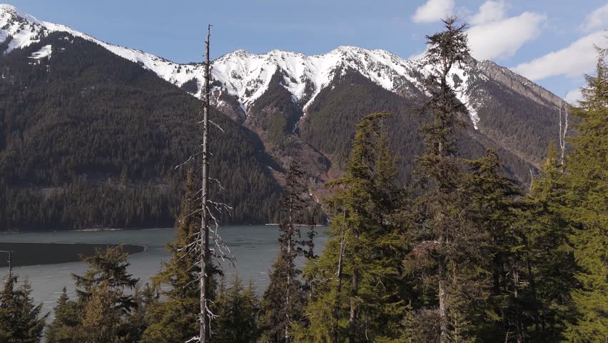 British Columbia Landscape: Snowy Mountain Peaks and Icy Lake View