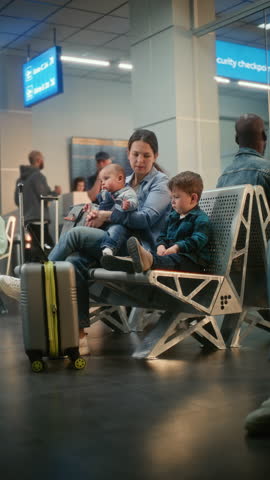 Crowded Airport Terminal: Woman with Two Little Children Watching Cartoons on Digital Tablet, Waiting for Airplane Flight. Man Bringing Coffee to Wife. Diverse People in Boarding Lounge. Vertical Shot