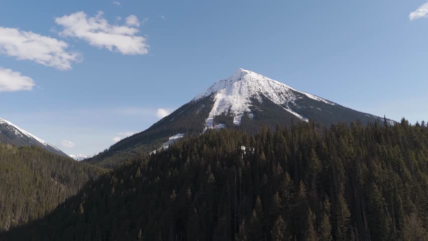 Aerial View of Snowy Mountain Peak and Evergreen Forest in British Columbia, Canada