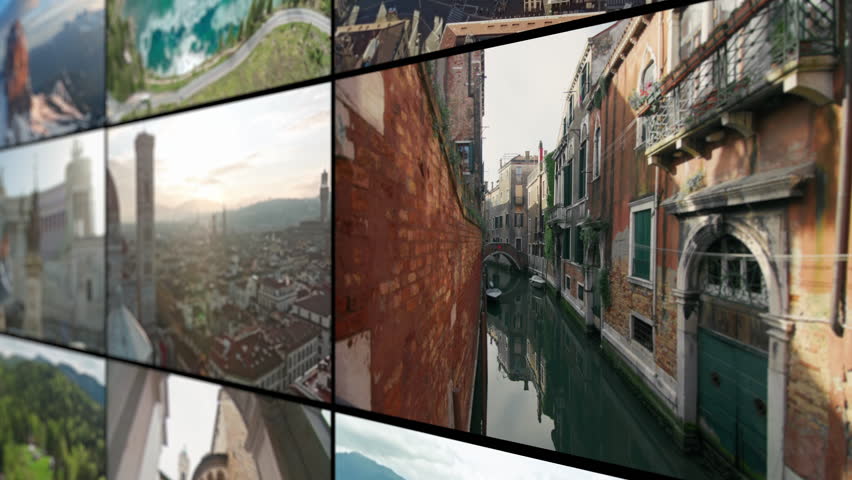 Collage of videos of famous cities in historical myths, and nature of Italy. Tourist points cityscapes of the most famous cities in Europe, travel and tourism.