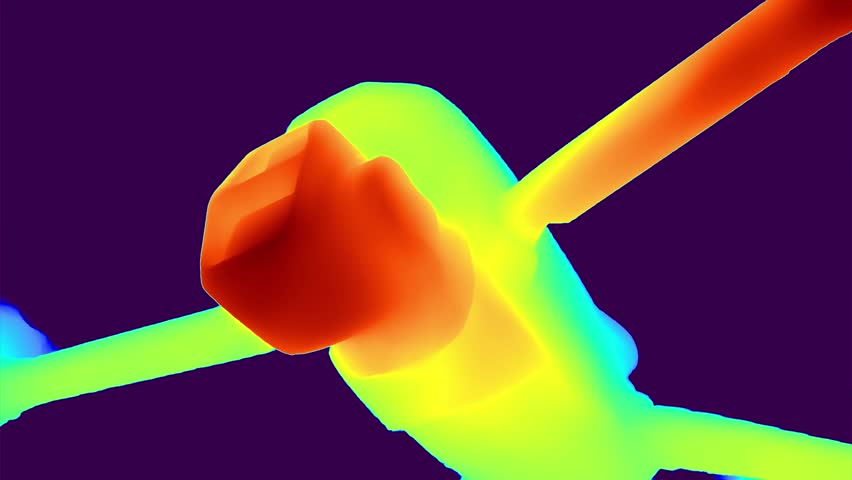 Thermal imaging of a quadcopter drone captured in mid-flight, highlighting heat distribution on body and propellers with a color gradient.
