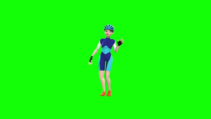 3D green screen animation of a smiling cyclist character walking and waving. Perfect for digital projects, presentations, explainer videos, and creative motion graphics.