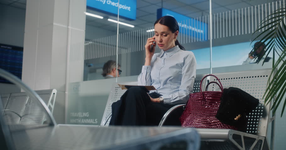 International Airport Terminal: Irritated Businesswoman Talking on Mobile Phone, Waiting for Airplane Flight in Departure Lounge of Airline Hub. Female Entrepreneur Going on Business Trip. Handheld.