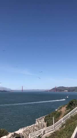 Alcatraz Island view pans from Golden Gate to San Francisco skyline