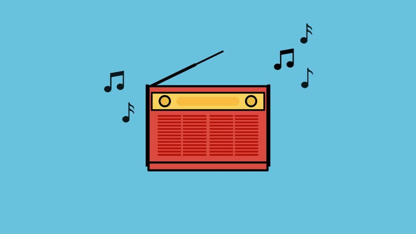 Flat animation icon of a classic vintage radio playing music with notes. Retro style loop for nostalgic audio, entertainment, or broadcast visuals
