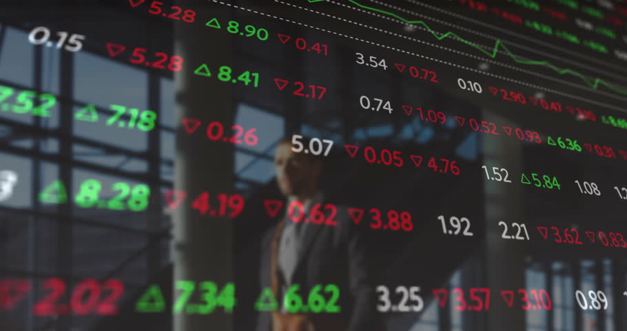 Man standing in glass-walled office lobby, displaying floating stock market figures with arrows. Business, finance, corporate, metropolis, technology, professional, modernism
