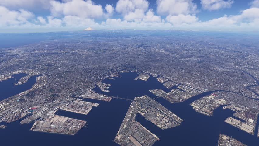 3D - Circular aerial drone shot of Yokohama in Kanagawa with Fuji in background. Japan