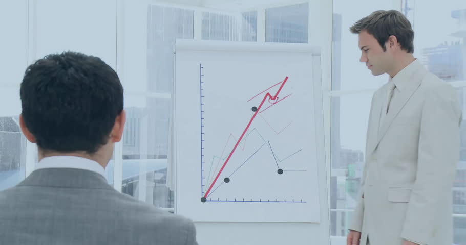 Colleagues analyzing finance graph in office, displaying floating code overlay with city skyline. Business, analytics, modern, technology, corporate, strategy, innovation