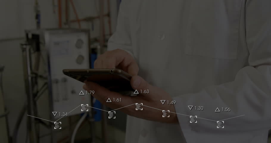 Technician holding tablet beside control panel in tech lab, with numerical overlays floating. Industrial, engineering, futurism, automation, technology, innovation, machinery