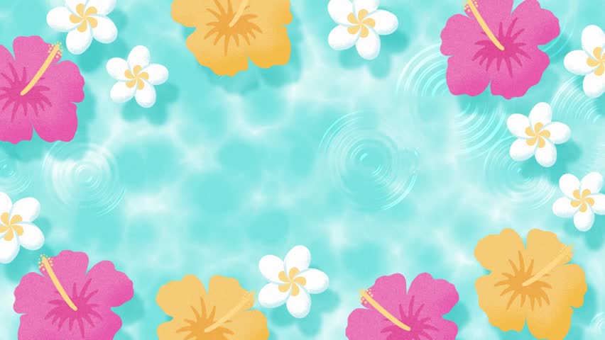 summer background with hibiscus and plumeria flowers floating in water animation