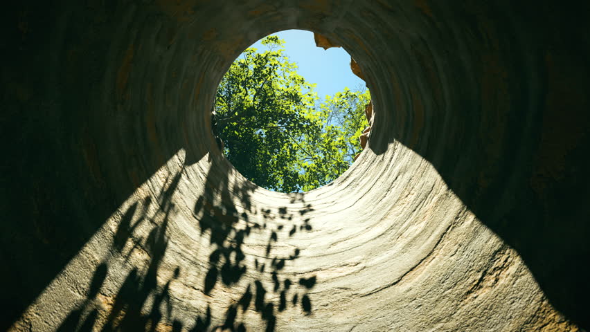 View from the bottom of the well in a forest, clear blue sky and green trees are visible. First person view of moving up through the well to the green woods.