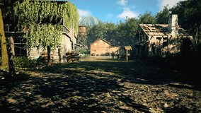 A rural lane in abandoned forest settlement, with weathered buildings and sandbags leads to a wooden barn, with a distant water tower and forested hills under a bright blue sky and leafy tree canopy. - Powered by Shutterstock - Get 15% off with code: PIKWIZARD15