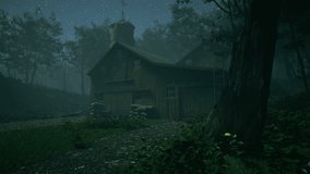 Overview of an abandoned wooden house in the middle of a forest at night. Gaming background for post-apocalyptic setting. - Powered by Shutterstock - Get 15% off with code: PIKWIZARD15