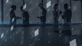 Five business professionals reviewing tablets, animated finance charts moving over windows. Corporate, teamwork, data visualization, modern, technology, collaboration, professional - Powered by Shutterstock - Get 15% off with code: PIKWIZARD15