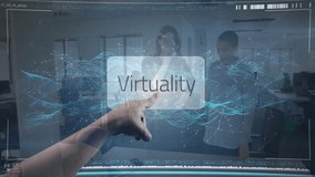 Colleagues examining floating holographic interface in tech office, displaying blue data waveforms. Futuristic, technology, collaboration, innovation, workspace, digital, interface - Powered by Shutterstock - Get 15% off with code: PIKWIZARD15