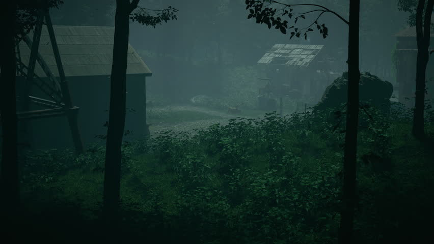 Abandoned forest settlement at night as seen from the forest. Post-apocalyptic setting featuring an abandoned village with half-destroyed wooden houses and overgrown vegetation.