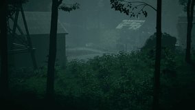 Abandoned forest settlement at night as seen from the forest. Post-apocalyptic setting featuring an abandoned village with half-destroyed wooden houses and overgrown vegetation. - Powered by Shutterstock - Get 15% off with code: PIKWIZARD15