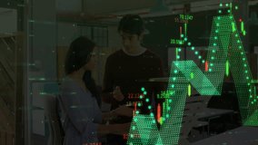 Male and female analysts reviewing finance data at desk showing animated holograms and rising arrow. Technology, teamwork, innovation, data, analytics, corporate, futurism - Powered by Shutterstock - Get 15% off with code: PIKWIZARD15