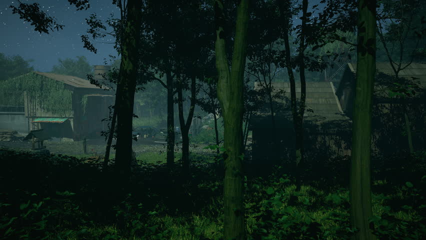 A rustic rural compound features weathered buildings, a vine-covered house, a partially collapsed structure, and a junk car, all set along a dirt path surrounded by dense forest in the darkness.