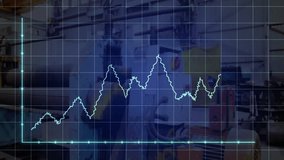 Fluctuating light blue line graph streaming across plant with grid overlay monitoring data points. Industrial, manufacturing, machinery, data, analytics, engineering, automation - Powered by Shutterstock - Get 15% off with code: PIKWIZARD15