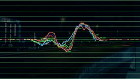 Multicolored oscillating line graph floating over city overpass showing neon grid with value labels. Technology, futurism, data visualization, digital art, urban landscape, nightscape, innovation - Powered by Shutterstock - Get 15% off with code: PIKWIZARD15