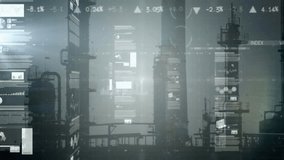 Industrial towers showcasing digital data overlays with circular pie chart, bar graphs, line plots. Technology, analytics, visualization, engineering, manufacturing, industrial design, data-driven - Powered by Shutterstock - Get 15% off with code: PIKWIZARD15