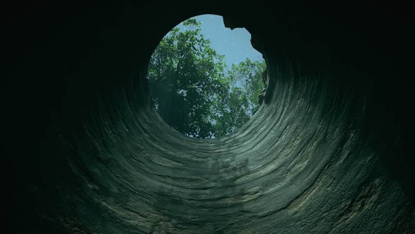 View from the bottom of the well in a forest, starry night sky and green trees are visible. First person view of moving up through the well to the woods in the night.