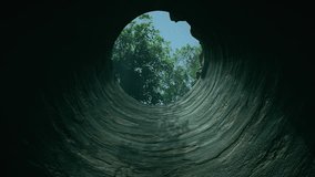 View from the bottom of the well in a forest, starry night sky and green trees are visible. First person view of moving up through the well to the woods in the night. - Powered by Shutterstock - Get 15% off with code: PIKWIZARD15