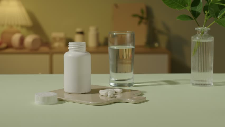 The camera slowly pans from right to left to capture images of an unlabeled pill bottle. A glass of purified water, and white compressed pills placed on a plastic tray shaped like a cutting board.