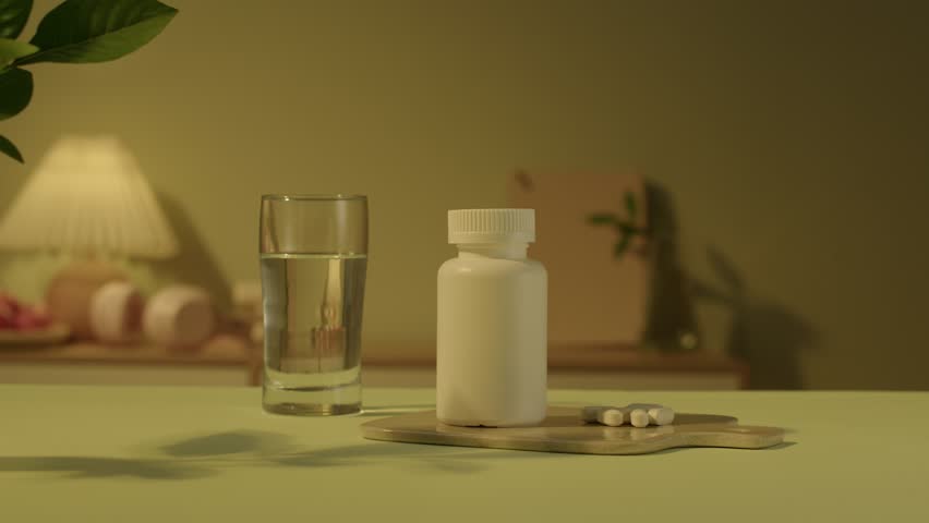 Front view of an unlabeled drug bottle placed on a plastic cutting board, with white compressed pills next to it. A hand reaches down from above, grabs the cap of the pill bottle, and opens it.