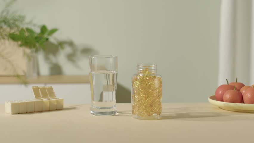 On the table is a glass of water and an open pill bottle. A hand takes a pill from a supplement bottle. Two fingers grasp the pill and gently rotate it towards the camera in several directions.