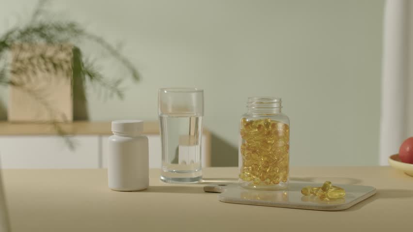 The room was filled with light. An open bottle of fish oil pills, a glass of water, and a white unlabeled pill bottle are placed on the table. On the brown cutting board were yellow fish oil pills.