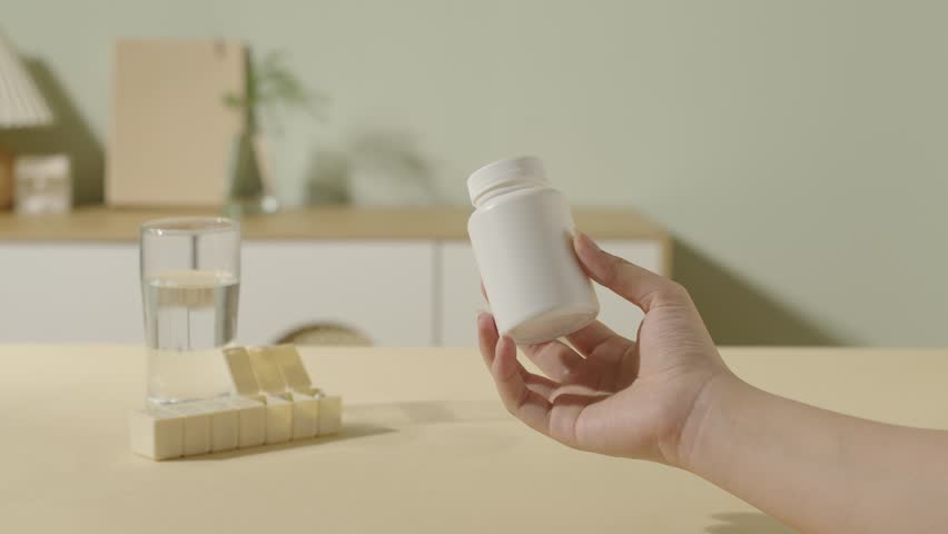 The hand is holding a medium-sized and unlabeled pill bottle. The fingers move the pill bottle back and forth gently. The daily medicine box is placed on the table along with a glass of water.
