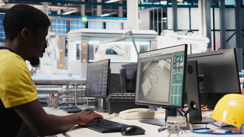 African american industrial technician assesses system health in solar facility, using software tools for manufacturing process. Worker maintains photovoltaic equipment for green energy. Camera B.