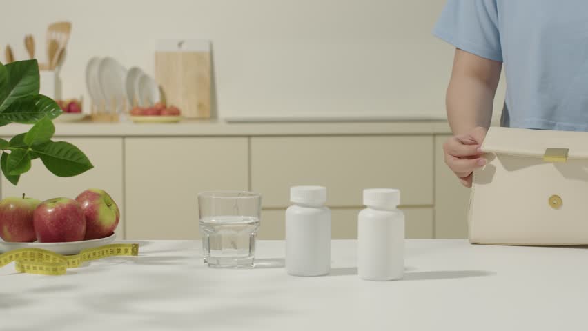 The patient reached for the pill bottle on the table. He then placed the bottle in his beige bag. On the kitchen counter were a plate of fruit, a measuring tape, and a bottle of dietary supplements.