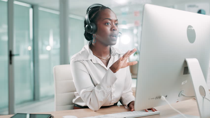 Computer, happy and support with black woman in call center for assistance or feedback. Contact us, customer and typing service with smile of agency employee in workplace as virtual assistant