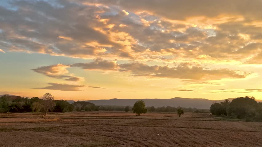 Golden Sunrise Timelapse Over Rice Field and Mountains with Flowing Clouds